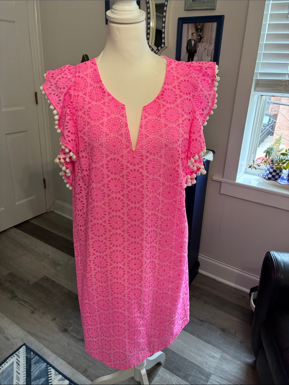 Lilly Pulitzer Hot Pink Eyelet Pom-Pom Shift Dress